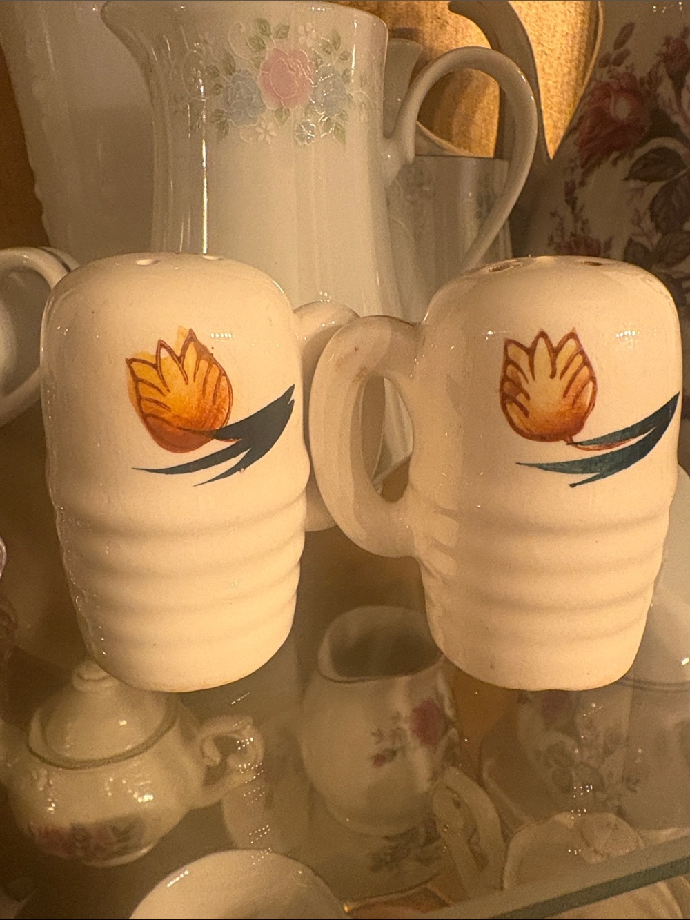 Vintage Floral Ceramic Salt and Pepper Shakers - White with Yellow Tulip Motif